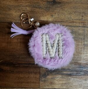 Claire's Lavender Faux Fur Key & Card Holder with Pearl 'M' and Tassel